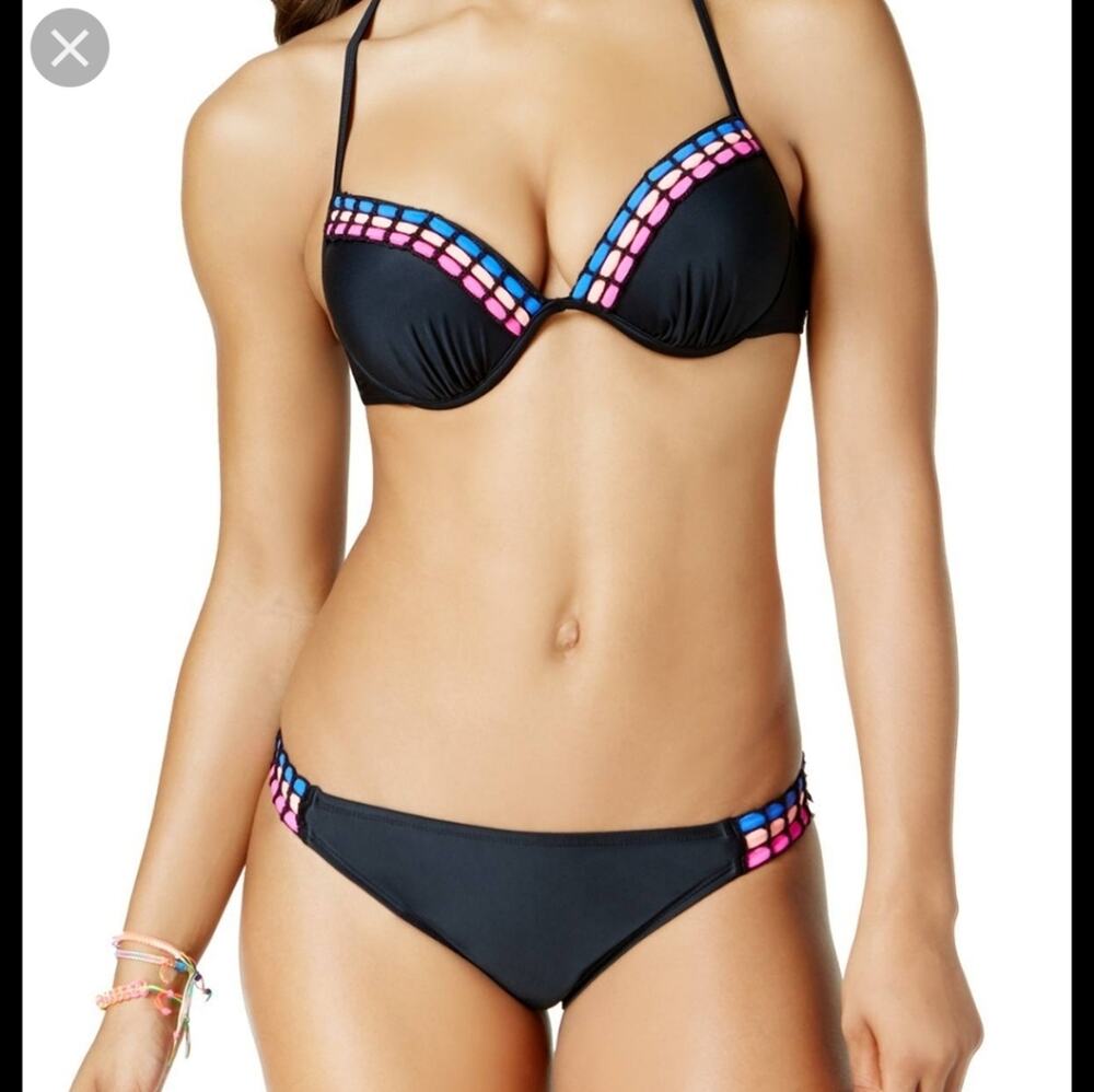 California Waves black multi woven trim 2 piece bikini set sz extra small